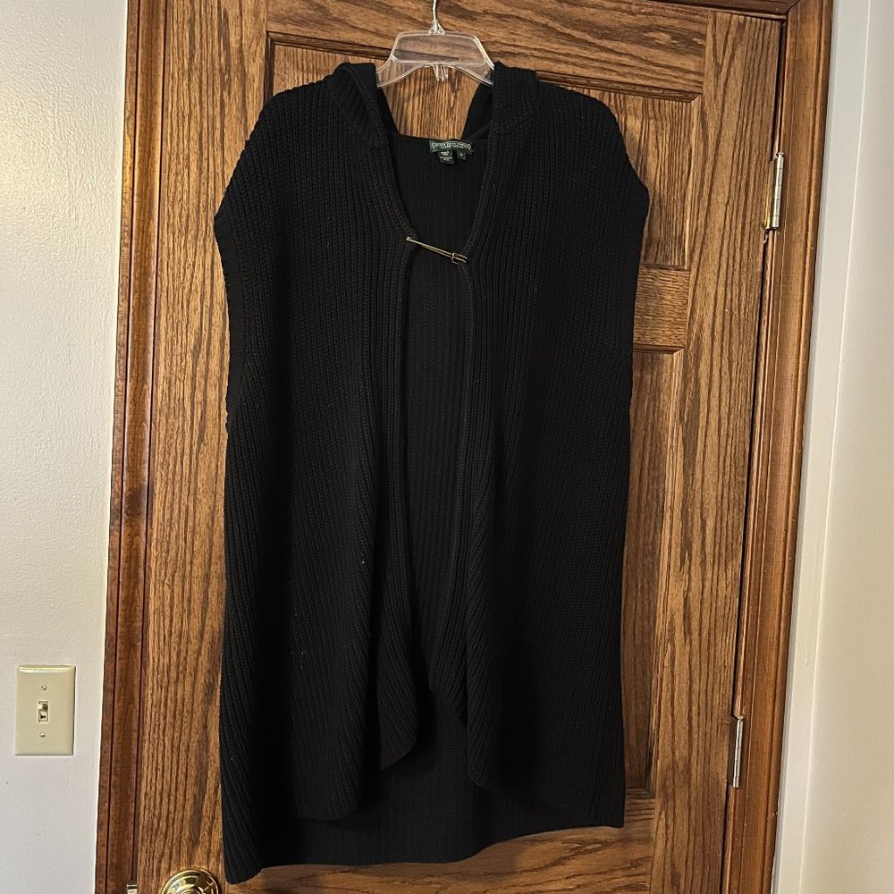 Ralph Lauren Sleeveless Longline Cardigan with Hood and Safety Pin Closure